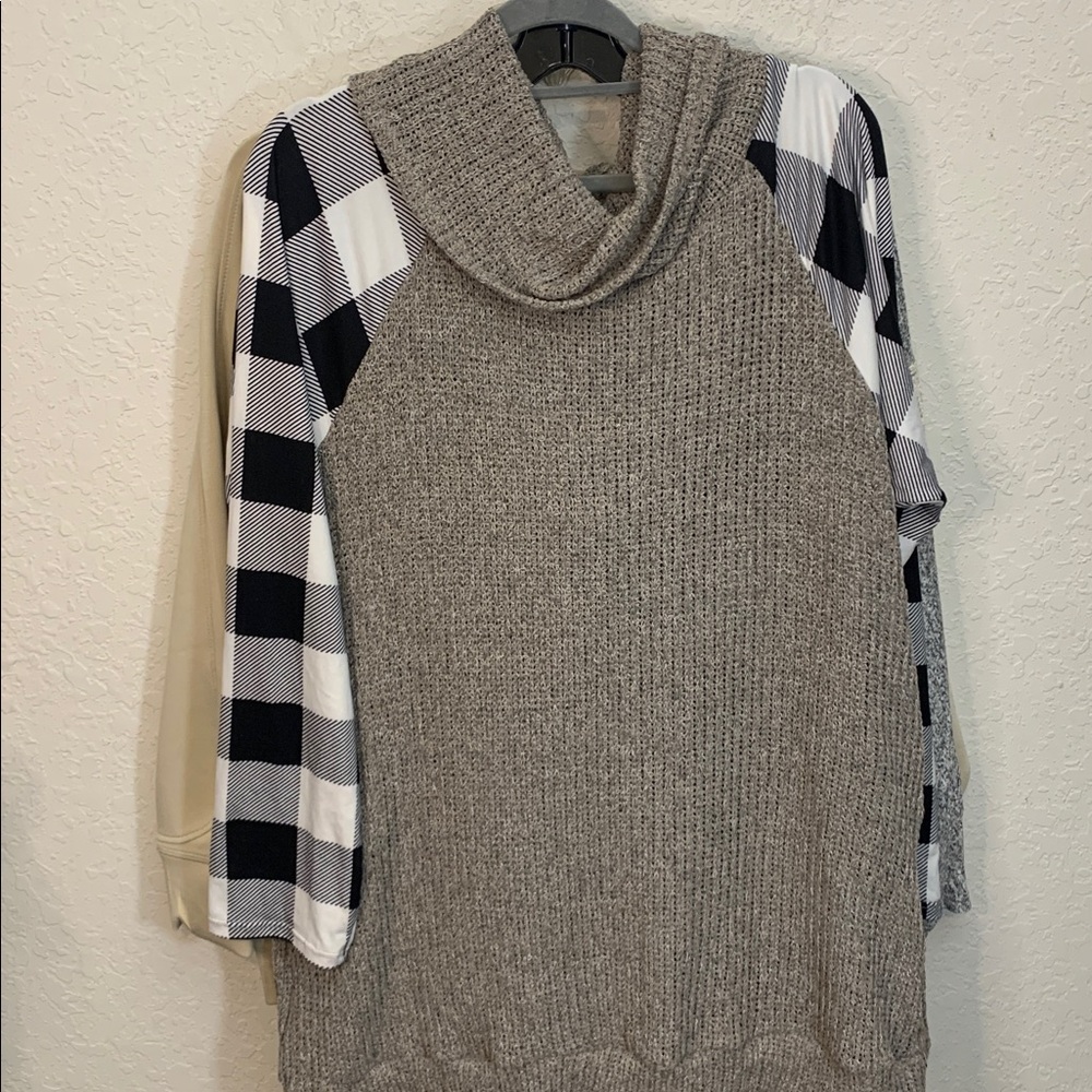 Mixed media Openwork Tan Sweater with Plaid sleeves